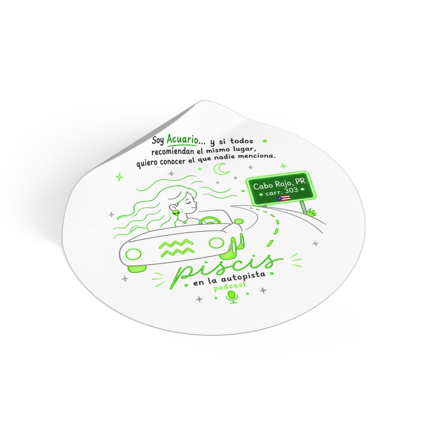 Round Vinyl Sticker — “Piscis en la autopista” Astrology Podcast Design (Spanish)
