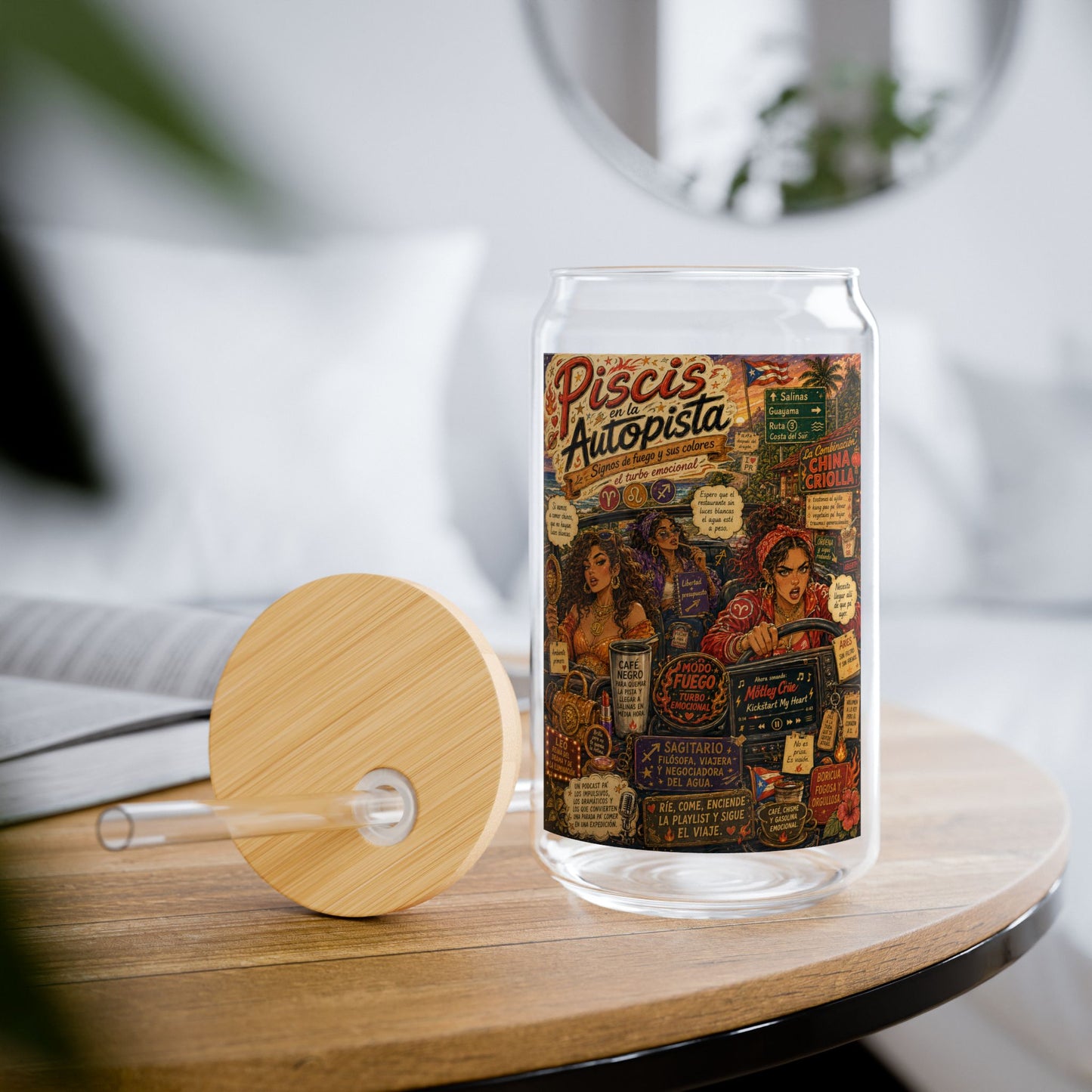 Sipper Glass — Pisces Autopista Zodiac Art 16oz Travel Tumbler (Fire signs edition)